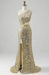 Goldenes Eine Schulter Fransen Pailletten Ballkleid mit Schlitz